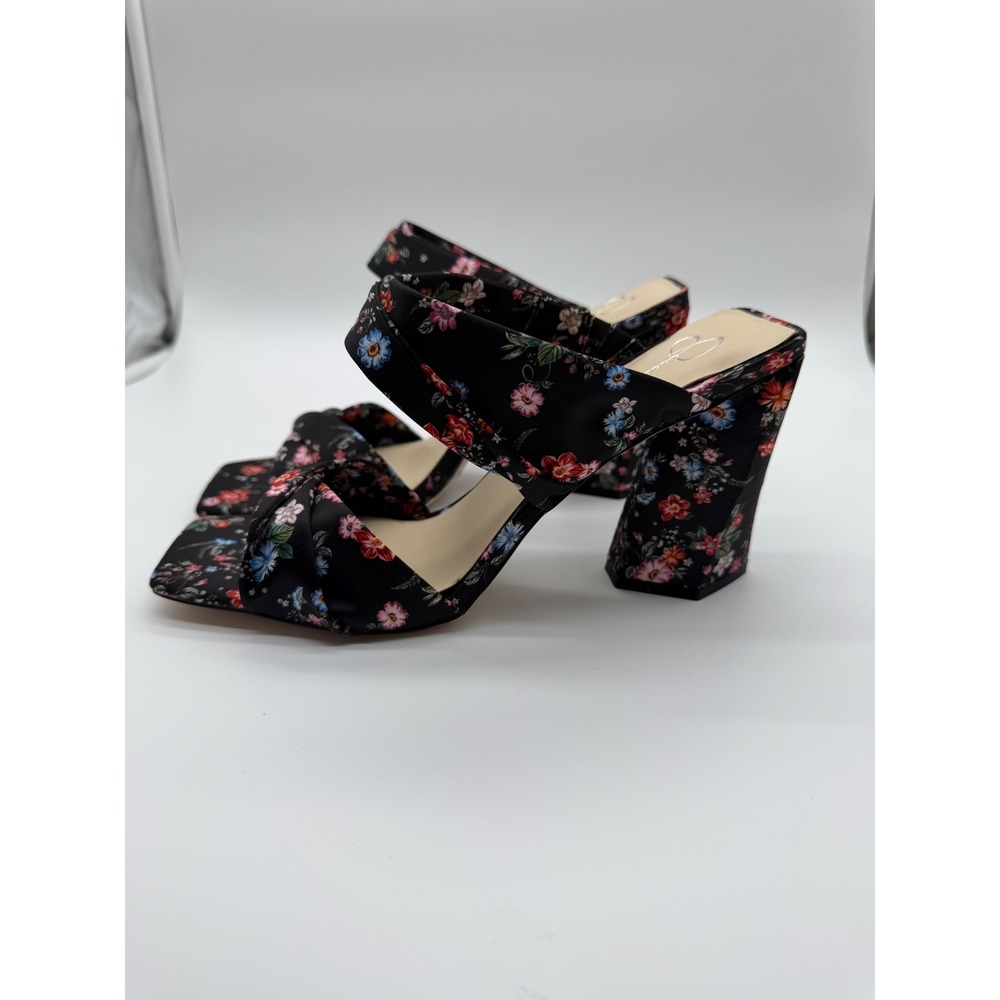 Jessica Simpson Wavia Floral Matte Satin Block Heel Mules Black Multi 11M NEW